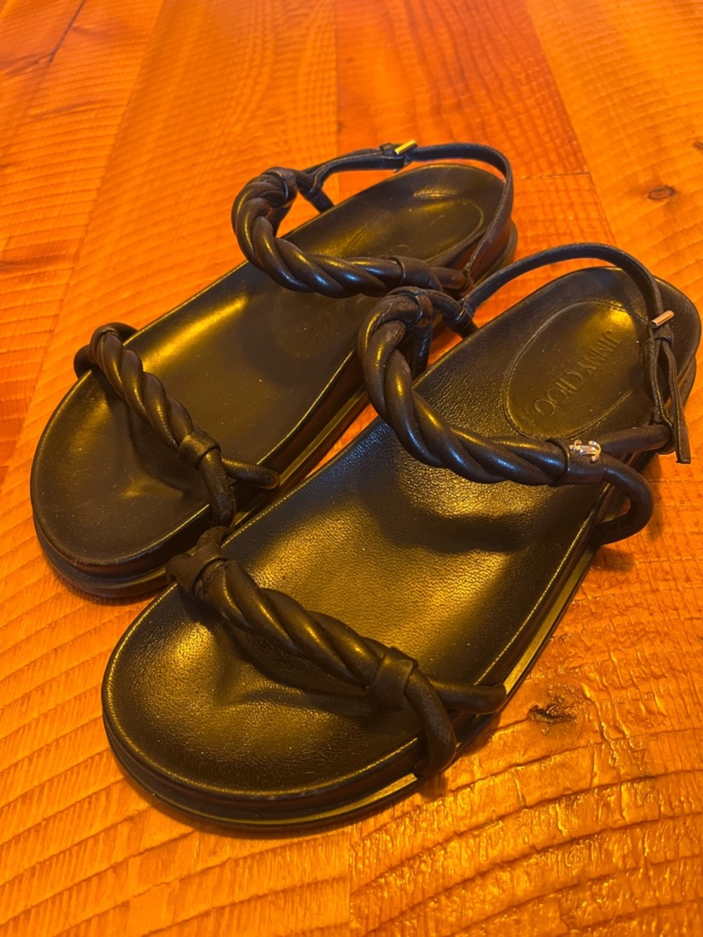 Jimmy Choo Black Braided Leather Flat Sandals